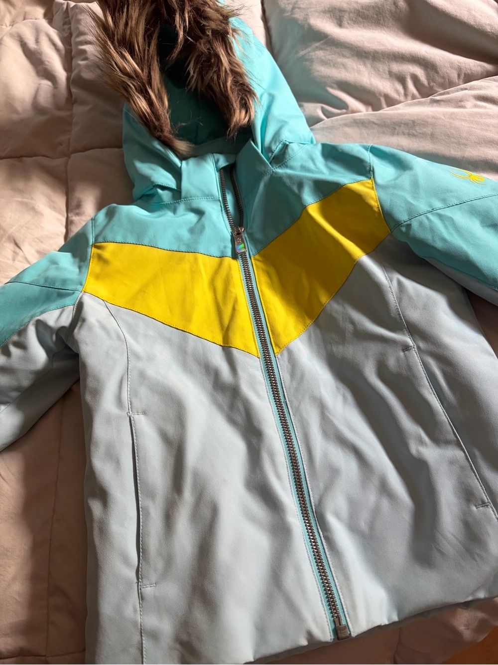 Spyder Aqua, Light Blue and Yellow Girls' Hooded Puffer